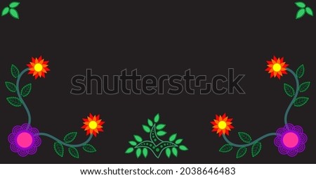 Vector illustration in trendy flat simple style - Black background with copy space for text - landscape with plants, leaves, flowers - background for banner, greeting card, poster, quotes.