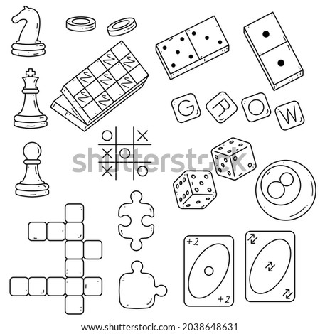 Abstract Black Simple Line Board Game Doodle Outline Element Vector Design Style Sketch Isolated On White Background Illustration Dice Uno Chess Dominoes Billiards Crosswords Checkers Scrabble