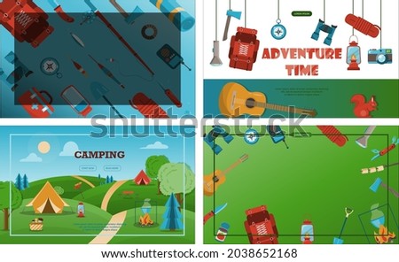 Camping adventure time vector illustration Big set with flat equipment for hiking Cartoon flayer fishing time