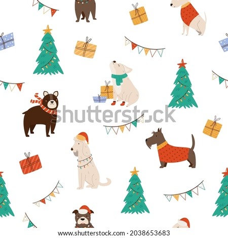 Holiday seamless pattern with cute Christmas dogs in clothing. Vector design for wrapping paper, fabric, gift boxes