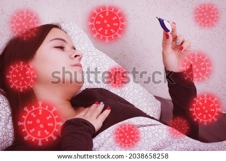 covid microbe,sick girl is lying in bed with thermometer, surrounded by viruses