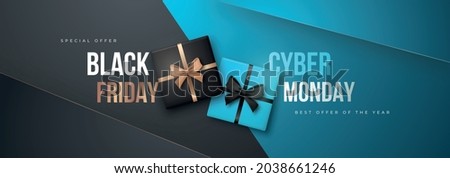 Black Friday and cyber Monday long banner. Super sale at the end of season. Black and blue realistic gift boxes. Special offer concept vector illustration. Royalty-Free Stock Photo #2038661246