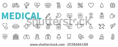Medecine and health line icon symbols. Outline line web icon collection. Pills, doctor, intensive care, COVID 19, hospital, ambulance, virus icons - stock vector. Royalty-Free Stock Photo #2038686188