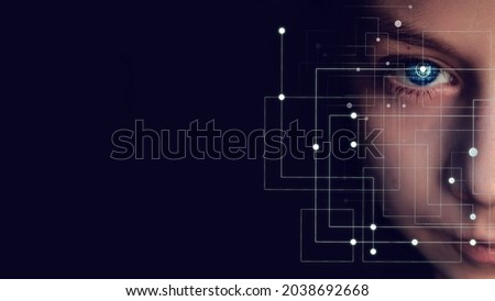 Close-up half face man portrait with binary code in eyes with digital technology network grid on face Royalty-Free Stock Photo #2038692668