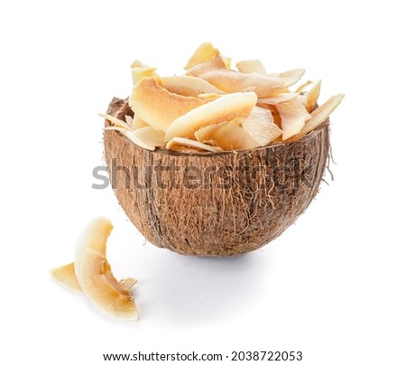 Tasty coconut with chips on white background Royalty-Free Stock Photo #2038722053