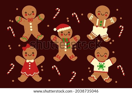 Gingerbread man collection. Christmas icon. Holiday winter symbols. Festive treats. New year cookies, sweets. Vector illustration. Royalty-Free Stock Photo #2038735046