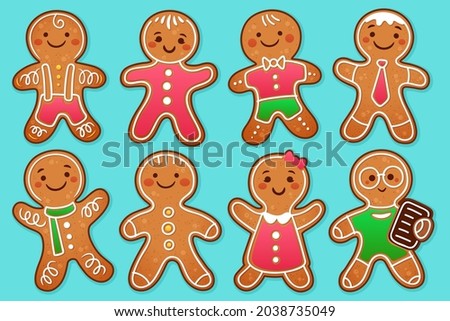 Gingerbread man collection. Christmas icon. Holiday winter symbols. Festive treats. New year cookies, sweets. Vector illustration. Royalty-Free Stock Photo #2038735049