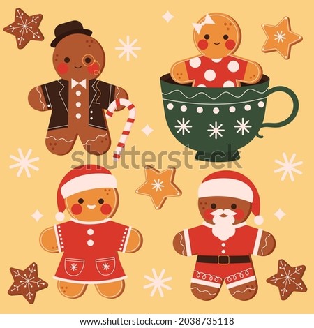 Gingerbread man collection. Christmas icon. Holiday winter symbols. Festive treats. New year cookies, sweets. Vector illustration. Royalty-Free Stock Photo #2038735118