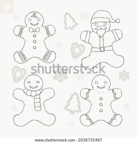 Gingerbread man collection. Christmas icon. Holiday winter symbols. Festive treats. New year cookies, sweets. Vector illustration. Royalty-Free Stock Photo #2038735487