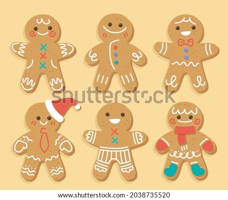 Gingerbread man collection. Christmas icon. Holiday winter symbols. Festive treats. New year cookies, sweets. Vector illustration. Royalty-Free Stock Photo #2038735520