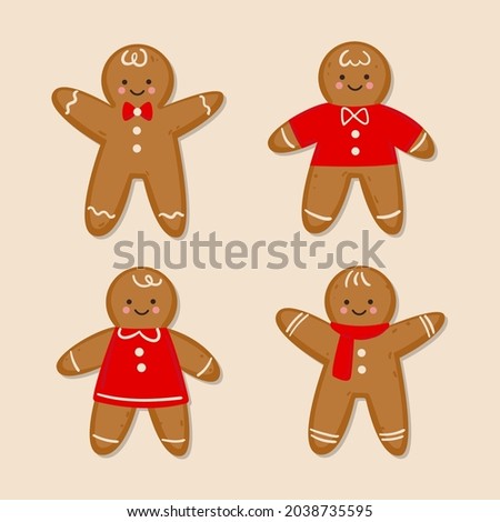 Gingerbread man collection. Christmas icon. Holiday winter symbols. Festive treats. New year cookies, sweets. Vector illustration. Royalty-Free Stock Photo #2038735595