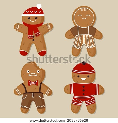 Gingerbread man collection. Christmas icon. Holiday winter symbols. Festive treats. New year cookies, sweets. Vector illustration. Royalty-Free Stock Photo #2038735628