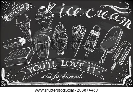hand-drawn ice cream set on chalkboard Royalty-Free Stock Photo #203874469