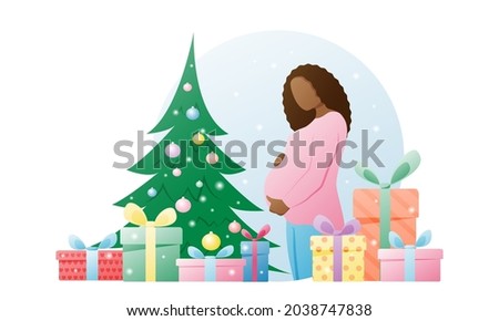 A pregnant African-American woman gently hugs her stomach on a white background with gifts. Vector illustration in a flat style. The concept of a holiday, Christmas and New Year. Pregnancy.