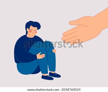 Human hand helps a sad young man to get rid of anxiety. The counselor supports the boy with psychological problems. Mental health aids and medical help for people under depression. Vector illustration Royalty-Free Stock Photo #2038760024
