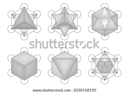 Set of Sacred Geometry. Merkaba, Metatron's Cube, Platonic Solids, Tetrahedron, Star Tetrahedron, Icosahedron, Cuboctahedron, Octahedron, Dodecahedron. Transparent background Royalty-Free Stock Photo #2038768190