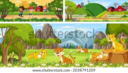 Set of outdoor panoramic landscape with cartoon character illustration