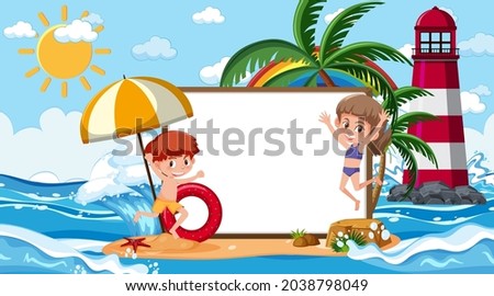 Empty banner template with kids on vacation at the beach daytime scene illustration