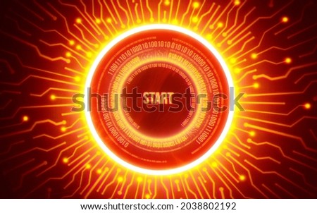 Sci Fi modern. Futuristic smoke. Neon color geometric circle with  inscription start on dark background. Round virtual screen. Holographic interface to display data.