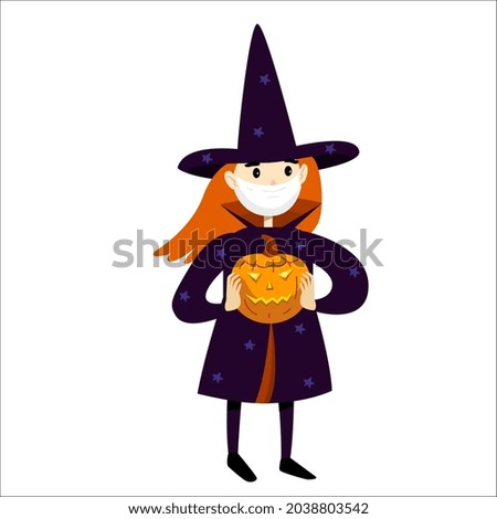 Little girl in halloween witch costume and protective face mask. Coronavirus protection illustration. Vector illustration in cartoon style isolated on white background