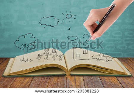 Hand draw in open book of lovely family