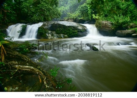 The waterfalls in the forest flowed in a soft white color, contrasting with the huge rocks of great power. Nearby there are big trees, light green, dark green, very natural.