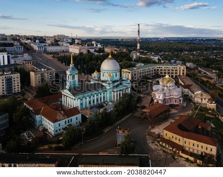 Evening summer Kursk, Znamensky Cathedral and Resurrection church, aerial drone view.