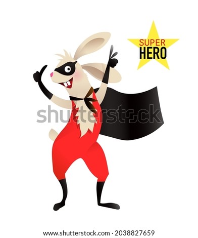 Superhero baby rabbit wearing costume with mask and cape. Cheerful animal show design for kids character design.