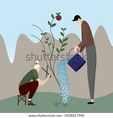 people take care of the tree, water it with water and cut off bad branches. A guy and a girl are engaged in gardening. Vector illustration for farmers ' websites and healthy food banners