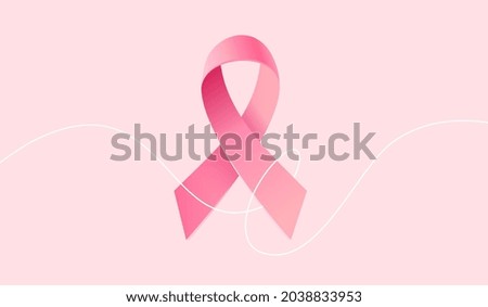 Vector Illustration of Pink Breast Cancer Realistic Ribbon with Loop and White Line on Pink Color Background. Symbol of Breast Cancer Awareness. Design for Poster, Awareness Month Campaign Banner