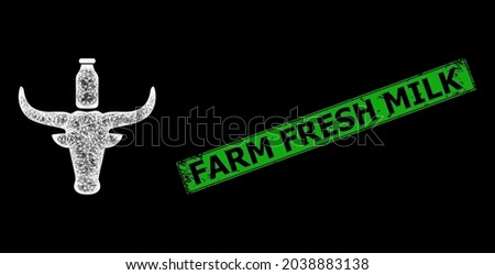 Shiny net mesh cow milk wireframe with light dots, and green rectangle textured Farm Fresh Milk seal imitation. Constellation vector mesh created from cow milk icon and crossed white lines.