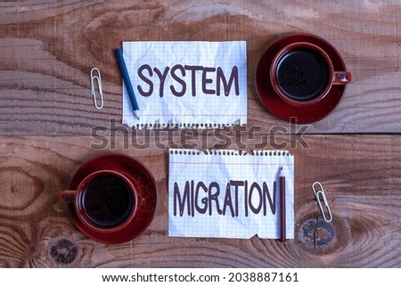 Conceptual caption System Migration. Business overview moving from the use of one operating environment to another Display of Different Color Sticker Notes Arranged On flatlay Lay Background