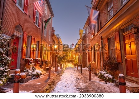 Philadelphia, Pennsylvania, USA at Elfreth's Alley in winter at twilight. Royalty-Free Stock Photo #2038900880