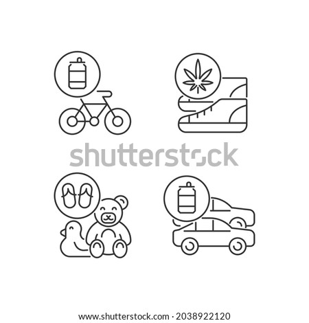 Recycling business linear icons set. Eco friendly bike. Sustainable shoes. Toys from flip flops. Customizable thin line contour symbols. Isolated vector outline illustrations. Editable stroke