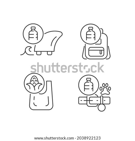 Products from recycled plastics linear icons set. Eco-friendly surfer. Sustainable backpack, dog collar. Customizable thin line contour symbols. Isolated vector outline illustrations. Editable stroke