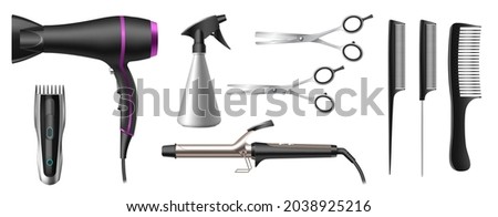 Realistic hairdresser salon or barbershop tools set. 3d professional hairstyle accessories. Scissors, hairdryer, electric razor, curling iron, clippers and combs. 3d vector illustration Royalty-Free Stock Photo #2038925216