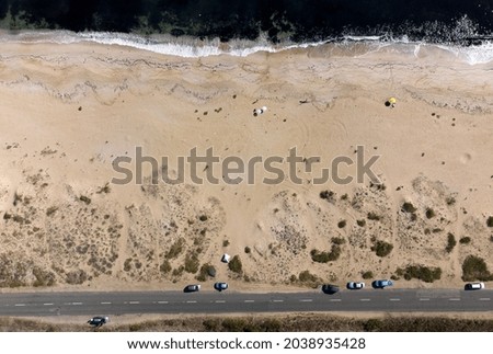 Sozopol, Bulgaria September 2021. Panoramic view by drone to the sand dunes of Aleppo beach with the status of a natural landmark of the Black Sea, located in Burgas region.