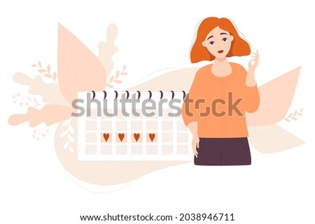 Girl looks at calendar. A beautiful girl with red hair stands next to the menstruation calendar and is counting. Vector illustration. Girl menstruation concept and womens health
