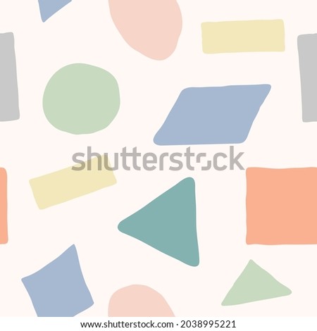 Seamless repeating pattern with doodle shapes in pastel colors Geometric figures logo Square triangle circle ellipse icon sign Cartoon design Fashion print clothes apparel greeting invitation card ad