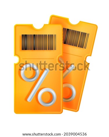 3D discount coupon illustration, vector voucher gift, bar code, yellow lucky ticket, percent sign. Sale bonus points illustration isolated on white, benefit special offer, pass badge. Discount coupon Royalty-Free Stock Photo #2039004536