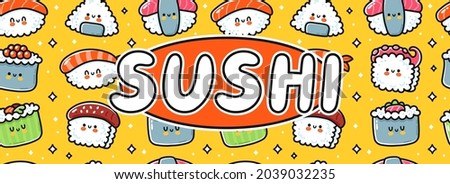 Sushi cartoon logo horizontal banner design. Cute funny sushi set collection. Vector hand drawn line kawaii character illustration icon. Asian food logo template, cartoon card, poster,banner concept