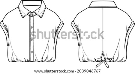 Vector drop shoulder T-Shirt with buttons fashion CAD, woman sleeveless crop shirt technical drawing, sketch, template, flat, mock-up. Jersey or woven fabric top with front, back view, white color Royalty-Free Stock Photo #2039046767