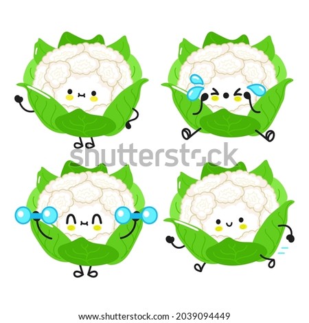 Funny cute happy cauliflower characters bundle set. Vector kawaii line cartoon style illustration. Cute cauliflower mascot character collection Royalty-Free Stock Photo #2039094449
