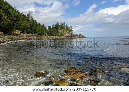 A beautiful view of a pretty beach surrounded by forest and clean ocean water, in Gwaii Haanas National Park Reserve, Haida Gwaii, British Columbia, Canada