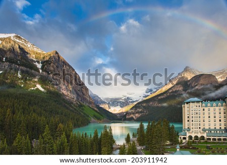 Lake Louise, Alberta Canada and Victoria glacier at sunrise against the Fairmont Chateau Lake Louise background Royalty-Free Stock Photo #203911942