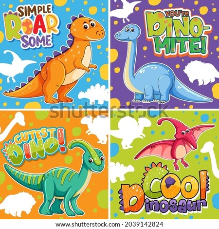 Set of different cute dinosaur posters with speech font illustration