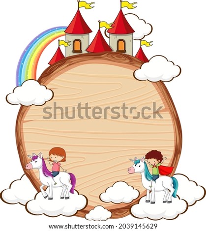 Blank wooden banner with fairy tale cartoon character and elements isolated illustration