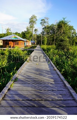 Rural landscape with houses and long wooden bridge for pedestrians with forest and cool and natural environment in tropical area                           Royalty-Free Stock Photo #2039174522