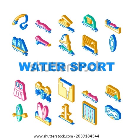 Water Sports Active Occupation Icons Set Vector. Kayak And Sap Board, Freediving Pool And Swimming, Volleyball And Basketball Water Sports, Fishing And Spearfishing Isometric Sign Color Illustrations