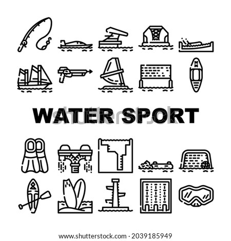 Water Sports Active Occupation Icons Set Vector. Kayak And Sap Board, Freediving Pool And Swimming, Volleyball And Basketball Water Sports, Fishing And Spearfishing Contour Illustrations